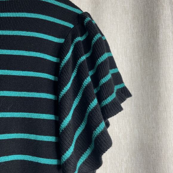 Nine West -Black w/Turquoise Shimmer Stripes & Flutter Short Sleeve Top - Large - Picture 3 of 7